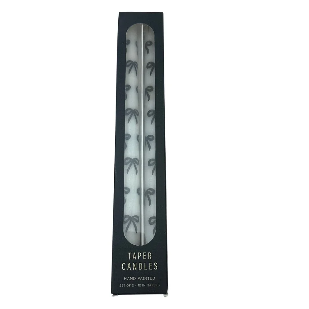 Anthropologie Hand Painted Bow Taper Candles Set of 2 White Black 12 Inch NEW